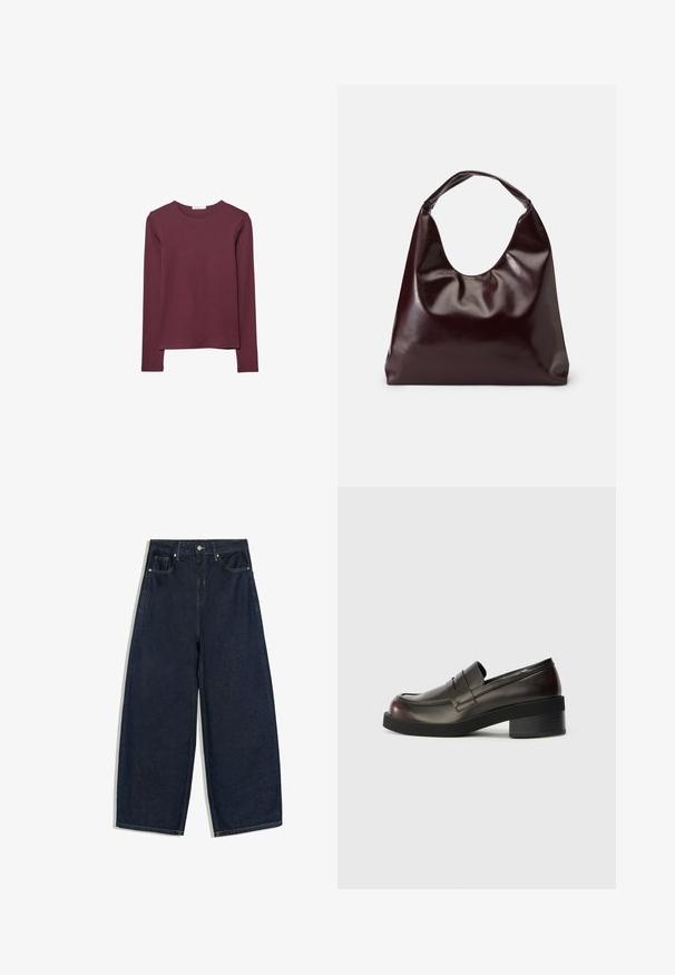 T-shirt à manches longues en bordeaux, fabriqué en tissu doux. Présente un col rond et une coupe droite avec un ourlet arrière légèrement plus long.; Jean en denim bleu foncé à jambes larges avec bouton devant et poches, présenté à plat sur fond blanc.; Mocassins en cuir marron foncé avec un bout arrondi, des détails cousus et un talon bloc modéré. Texture lisse, design minimaliste.; Sac en cuir vegan bordeaux, brillant, avec une forme douce et sculpturale et une large poignée incurvée pour un transport facile.
