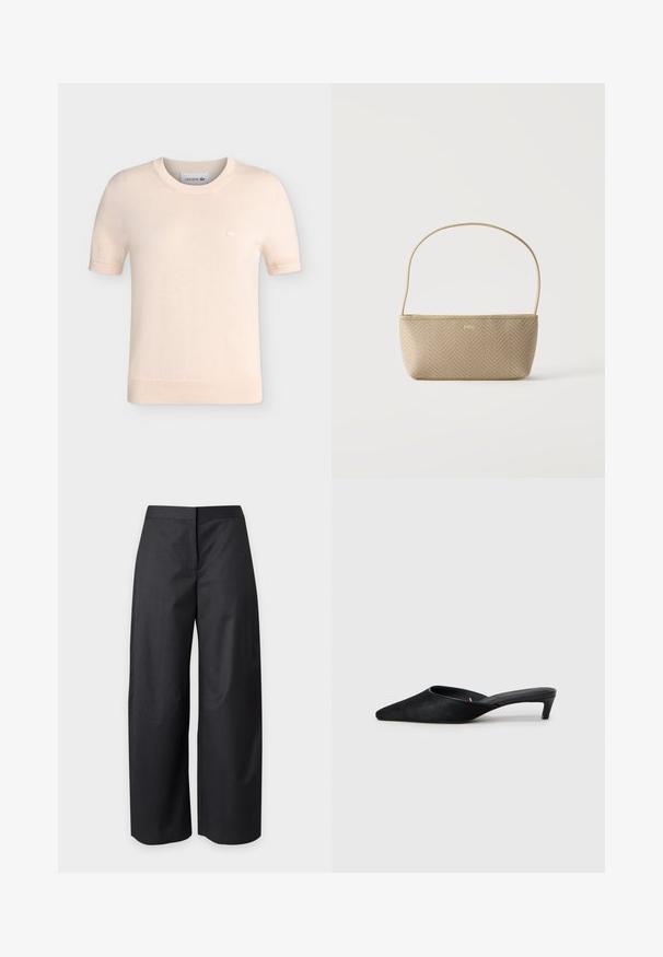 Chemise en maille beige à manches courtes avec col rond, poignets et ourlet côtelés, avec un petit logo crocodile Lacoste brodé sur la poitrine.; Pantalon noir taille haute à jambes larges avec une fermeture avant dissimulée, présenté sur un fond clair uni.; Mules en daim noir avec un bout pointu et un petit talon. Caractéristiques d'une texture lisse et d'un dos ouvert pour un enfilage facile. Design simple sans motifs.; Sac à main tissé beige avec fine bandoulière et petit logo doré "BOSS" à l'avant, présenté sur fond blanc uni.