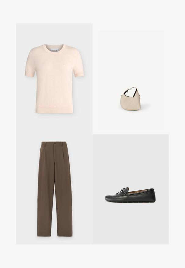 Chemise en maille beige à manches courtes avec col rond, poignets et ourlet côtelés, avec un petit logo crocodile Lacoste brodé sur la poitrine.; Pantalon marron à jambes larges en tissu lisse, avec deux plis, une fermeture à un bouton et des poches standards.; Bateau en cuir noir avec un bout arrondi, des détails de couture, un petit accent en nœud et une semelle en caoutchouc. Texture lisse et design épuré.; Sac à main en cuir beige en forme de croissant avec une seule bandoulière et des coutures minimalistes, posé sur un fond blanc uni.