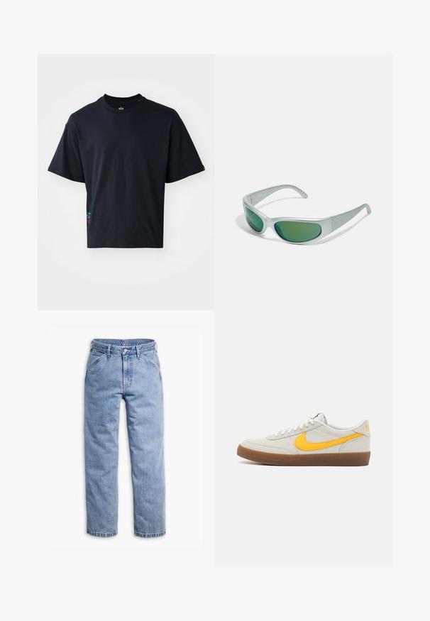 Schwarzes Kurzarm-T-Shirt aus Baumwolle mit einem klassischen Rundhalsausschnitt und einem kleinen bunten Logodetail an der Seite.; Hellblaue gerade geschnittene Jeans mit vorderem Knopf- und Reißverschluss, Gürtelschlaufen und schrägen Vordertaschen.; Nike Sneaker aus hellgrauem Wildleder mit einem gelben Swoosh, weißen Schnürsenkeln und einer braunen Gummisohle. Mit strukturiertem Finish und gepolstertem Kragen.; Arnette CATFISH - Sonnenbrille - metallic silver