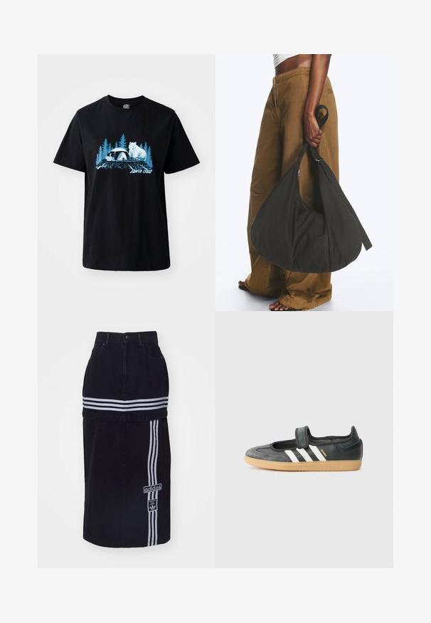 Camiseta de algodón negra con un gráfico azul de un oso y un panda con árboles de fondo. Manga corta y cuello redondo.; Falda de mezclilla negra con cintura alta, que presenta dos rayas horizontales blancas, una etiqueta con el logo de Adidas en el lateral y un diseño de corte recto.; Zapatilla de deporte de cuero negro y ante con una correa de Velcro, que presenta tres rayas blancas y una suela de goma, etiquetada "SAMBA" en el lateral.; Persona con pantalones marrones de pata ancha y top blanco sosteniendo un gran bolso negro blando por la correa a su lado.
