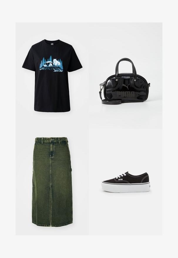 Camiseta de algodón negra con un gráfico azul de un oso y un panda con árboles de fondo. Manga corta y cuello redondo.; Falda de mezclilla verde con un corte a media longitud, abertura frontal, cierre de botón y trabillas para cinturón. Su textura es ligeramente deslavada, con bolsillos laterales.; Zapatilla de lona negra con suela de plataforma de goma blanca, que presenta cordones y costuras blancas, con branding icónico en el lateral, diseño de corte bajo.; Bolso de mano de charol negro con dos asas superiores, correa para el hombro desmontable, forma redondeada y destacado logo en relieve de "PUMA".
