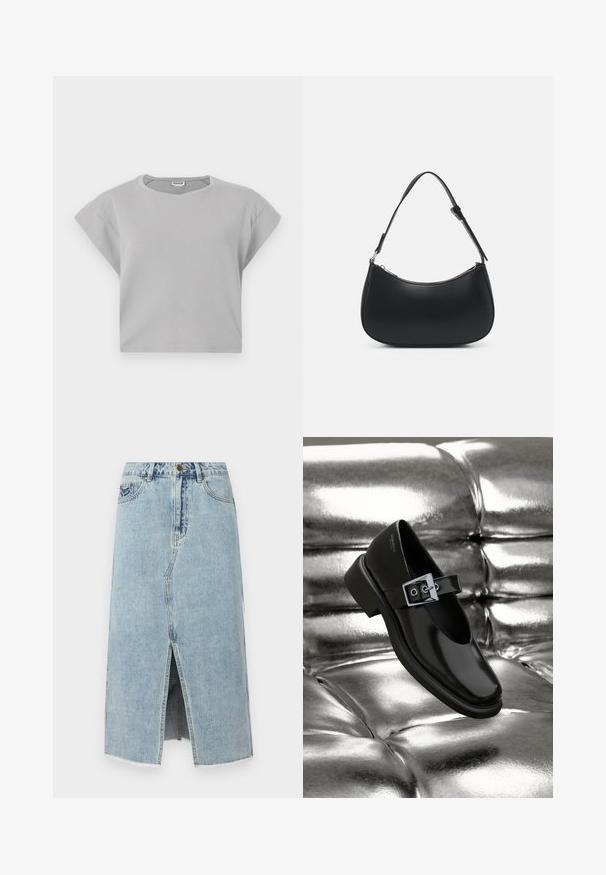Lys grå cropped sweatshirt med korte, rullede ærmer, rund halslinje og subtile sømdetaljer. Fremstillet af blødt, åndbart stof.; Lysblå denimskørt med en frontslids, frynset kant, fem lommer og en knaplukning i taljen. Klassisk lige snit design.; Sorte læder Mary Jane sko med firkantet tå, en sølv spænde accent og en chunky lav hæl, sat mod en glansfuld sølv baggrund.; Pieces PCALUANA SHOULDER BAG - Håndtasker - black