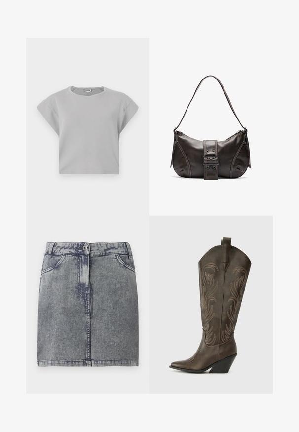 Lys grå cropped sweatshirt med korte, rullede ærmer, rund halslinje og subtile sømdetaljer. Fremstillet af blødt, åndbart stof.; Grå denim minisukne med en falmet vask, der har forlommer, en knaplukning og en lige kant. Struktureret stof.; Brune læder cowboystøvle med spids tå, kilehæl og dekorativ broderi. Har en høj stok og en trækflap.; Brun læder skuldertaske med en buet form, der har et fremtrædende spænde, kontrasterende syninger og en enkelt skulderrem.