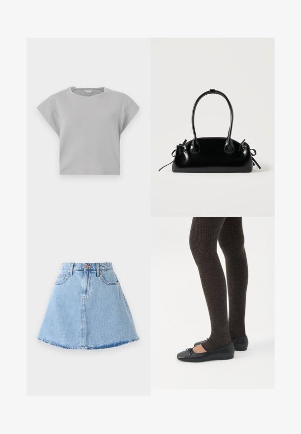 Lys grå cropped sweatshirt med korte, rullede ærmer, rund halslinje og subtile sømdetaljer. Fremstillet af blødt, åndbart stof.; Denim A-line nederdel i lyseblå med frynset kant, fem lommer og knaplukning. Har kobberfarvet hardware og diskrete syninger.; Ben iført mørke ribbede leggings kombineret med sorte balletsko med små sløjfedetaljer på hvid baggrund.; Lille sort blank håndtaske med to lange håndtag og snøre-detaljer i siden på en ensfarvet lys baggrund.