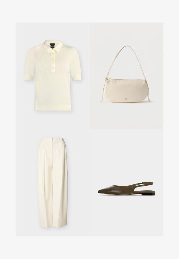 Polo crème à manches courtes avec cinq boutons, poignets et ourlet côtelés, col pointu, étiquette de la marque visible à l'intérieur du col.; Pantalon crème à taille haute et jambes larges avec plis devant, fermeture éclair avant dissimulée et passants pour ceinture.; Chaussure plate à bout pointu vert olive avec bride arrière, talon noir bas et finition lisse et brillante.; Petit sac à épaule de couleur crème avec une seule sangle, fermeture éclair et logo de marque doré discret à l'avant.
