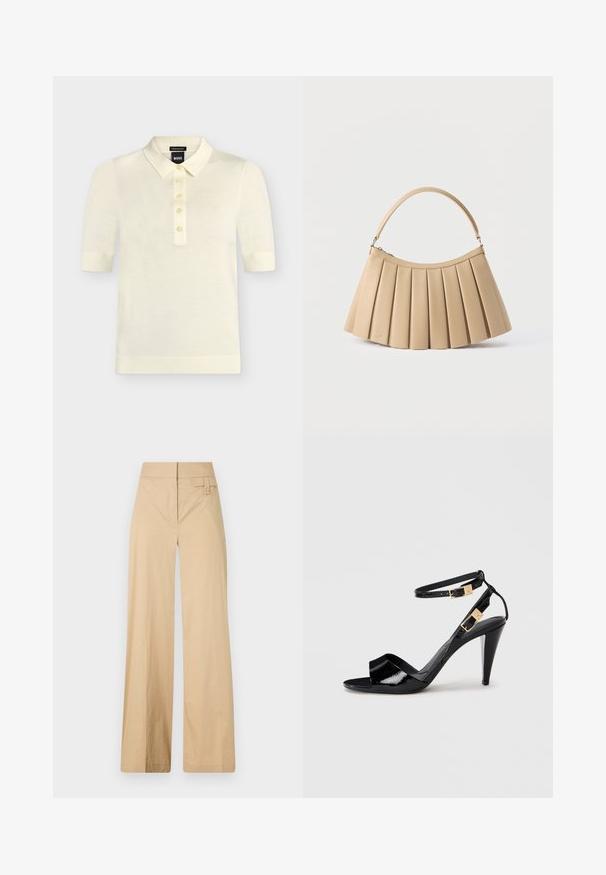 Polo crème à manches courtes avec cinq boutons, poignets et ourlet côtelés, col pointu, étiquette de la marque visible à l'intérieur du col.; Pantalons larges beige en coton mélangé. Caractéristiques : texture lisse, taille élastique et détail à bouton sur le côté.; Sandale à talon haut en cuir verni noir avec double bride de cheville et boucles dorées, bout ouvert, et talon effilé sur fond neutre.; Sac à main plissé beige avec fermeture éclair incurvée en haut et poignée arquée simple, présenté sur un fond blanc.
