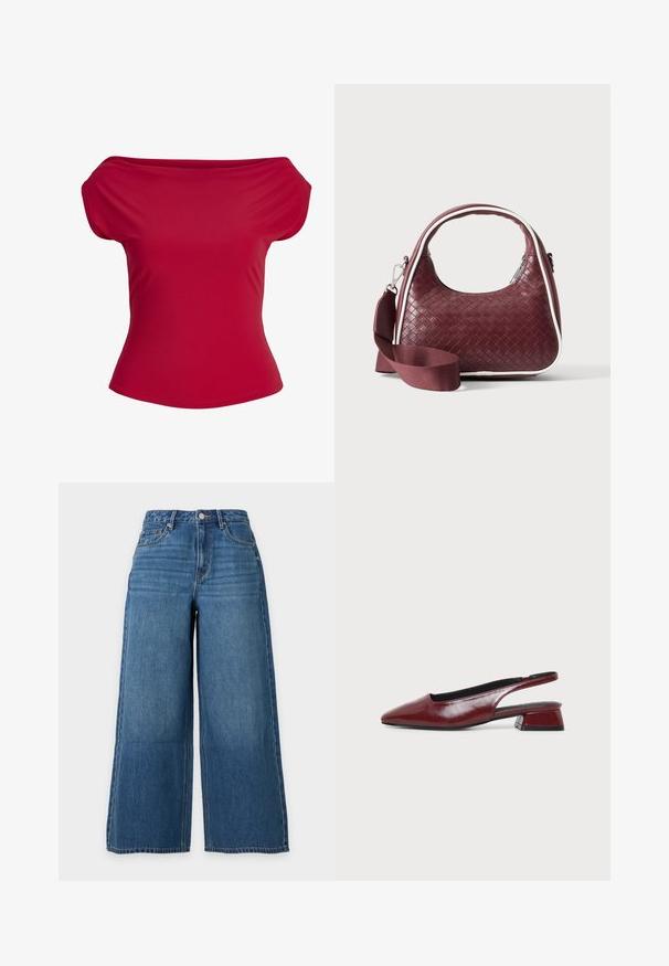 Red off-the-shoulder fitted short-sleeve top with a folded neckline and smooth fabric texture.; Blue high-waisted wide-leg denim jeans with front button and zipper closure, front pockets, and visible seam stitching.; Maroon leather slingback shoe with pointed toe and low block heel, shown in side view on plain light background.; Maroon woven leather handbag with curved handle, white trim, silver zipper, and detachable wide fabric shoulder strap against plain background.