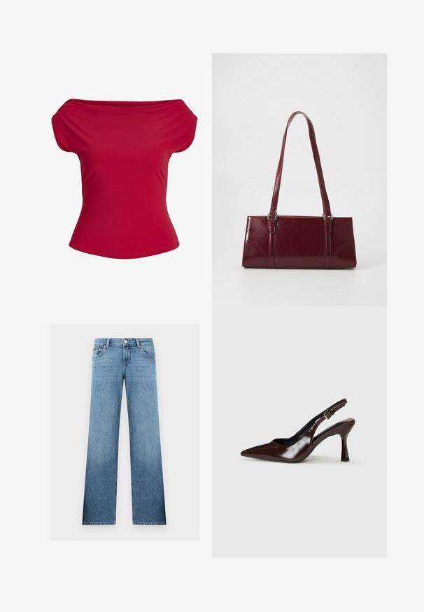 Red off-the-shoulder fitted short-sleeve top with a folded neckline and smooth fabric texture.; Light blue straight-leg denim jeans with front button, zipper, belt loops, and front and back pockets.; Brown patent leather slingback heels with a pointed toe, a thin heel, and adjustable strap featuring a small buckle.; Burgundy handbag made of glossy material, rectangular shape, with two shoulder straps and subtle curved accents on the front.