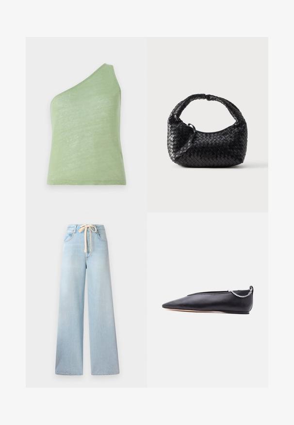 Asymmetrisk grøn tanktop i blødt, let stof med en enkelt skulderrem og en glat tekstur.; Lyseblå vidde jeans lavet af denim, med snøre i taljen og klassisk fem-lomme design med minimal falming.; Sort læder flad sko med spids tå, lav hæl og sølvkæde detalje bagpå mod en ensfarvet baggrund.; Sort flettet håndtaske med en rundet form, tekstureret finish og et buet håndtag. Har et diskret logo på forsiden.