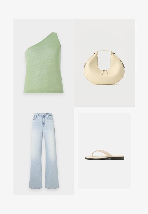 Asymmetrisk grøn tanktop i blødt, let stof med en enkelt skulderrem og en glat tekstur.; Lyseblå jeans med vide ben lavet af denim. Høj talje med knaplukning og fem lommer. Vasket ud med en glat tekstur.; Beige flad thongsandal med polstret fodseng og sort sål, vist fra siden på hvid baggrund.; Beige håndtaske i halvmåneform med dobbelt lynlåslukning og kort håndtag, udstyret med sølvfarvede hardware-detaljer på siderne.