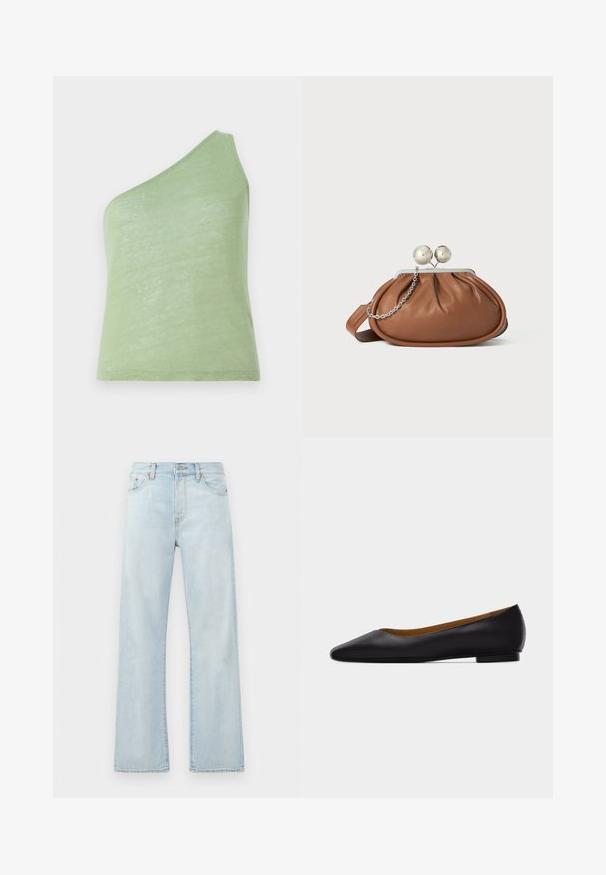 Asymmetrisches grünes Tanktop aus weichem, leichtem Stoff, mit einem Schulterträger und einer glatten Textur.; Helle blaue Denim-Jeans mit hoher Taille, weitem Bein-Design und subtiler Ausbleichung. Mit klassischem Fünf-Taschen-Stil und tonalen Nähten.; Schwarzer flacher Schuh aus Leder mit spitz zulaufender Vorderkappe, niedrigem Absatz und glatter Oberfläche, von der Seite vor einem hellgrauen Hintergrund dargestellt.; Braune Leder-Clutch mit silbernem Kugelverschluss und einem kleinen silbernen Kettendetail auf weißem Hintergrund.