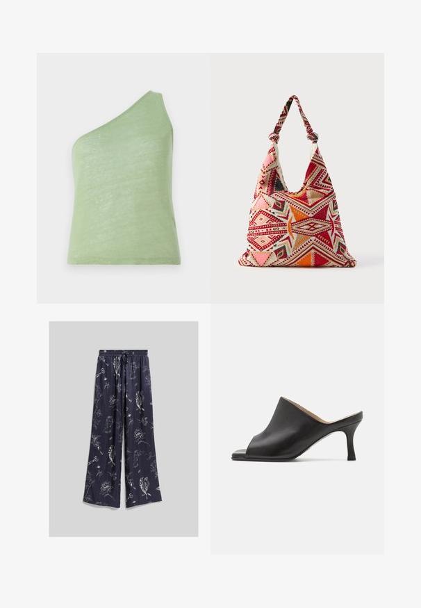 Top de tirantes asimétrico verde en una tela suave y ligera, con un solo tirante en el hombro y una textura suave.; Pantalones de pierna ancha en azul marino con cintura elástica y cordón, con estampados de bocetos blancos de botánica y herramientas en toda la prenda.; Selected ASHLEY - Mules de tacón - black; Bolsa tote bordada con un patrón triangular en rojo, rosa y naranja sobre un fondo crema; cuenta con asas anudadas y una textura suave de lona.