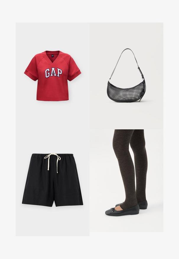 Sweat-shirt rouge court à manches courtes avec col en V et logo "GAP Athletic" blanc et noir sur le devant.; Shorts noirs décontractés avec taille élastique et cordon de serrage blanc, posés à plat sur un fond gris clair.; Jambes portant des leggings côtelés foncés associés à des ballerines noires avec de petits détails en nœud sur fond blanc.; Petit sac d'épaule noir en mesh en forme de croissant avec une lanière fine réglable, sur un fond clair uni.