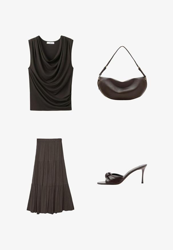 Haut noir sans manches avec encolure drapée et doux plis sur un côté, en tissu lisse.; Jupe maxi à volants marron foncé avec une taille élastique, comportant trois sections froncées pour un look fluide et texturé.; Mule en cuir marron foncé à talon haut avec un bout ouvert et un détail de nœud sur la bride avant.; Sac à bandoulière en cuir marron foncé avec une forme courbée, une sangle réglable et une fermeture éclair dorée le long du bord inférieur.
