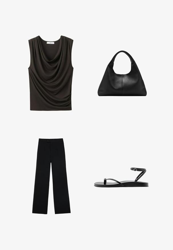 Haut noir sans manches avec encolure drapée et doux plis sur un côté, en tissu lisse.; Pantalons noirs à jambes larges en tissu lisse, dotés d'une fermeture à bouton à l'avant et de deux plis pour un détail supplémentaire. Design ajusté dans l'ensemble.; Sandale plate noire avec fines lanières, boucle pour l’orteil et bride de cheville avec une petite boucle ronde, vue de profil.; Sac à main en cuir noir texturé avec une base large et des anses épaisses et arrondies, présentant une couture verticale centrale et des détails de surpiqûres subtils.