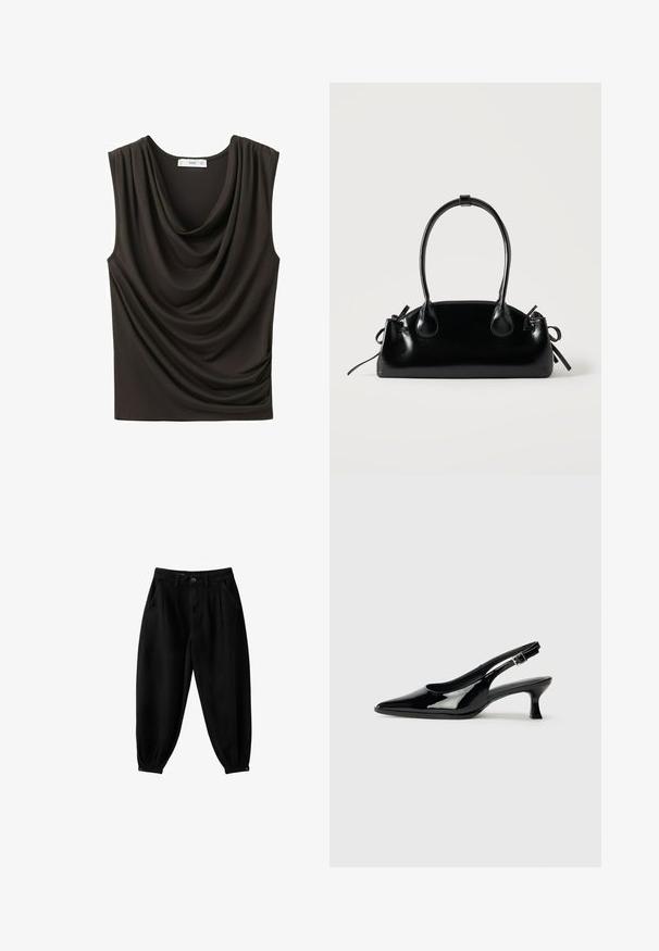 Haut noir sans manches avec encolure drapée et doux plis sur un côté, en tissu lisse.; Pantalon noir taille haute fuselé avec plis, poches avant, passants de ceinture, fermeture par bouton et boutons-pression aux chevilles.; Escarpins en cuir verni noir avec un bout pointu et un petit talon carré. Sangle réglable à la cheville avec boucle.; Petit sac à main noir brillant avec deux longues anses et des détails à cordon sur les côtés sur un fond clair uni.