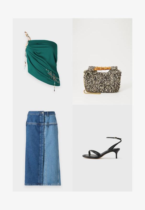 Teal draperet top med tekstureret stof, justerbare perle-stropper og broderede detaljer i kontrastfarver langs kanten.; Denim nederdel med et farveblokdesign, der har mørkeblå på den ene side og lyseblå på den anden, med knaplukning og lommer.; Sort damesandal i læder med tynde remme, en tå-loop, ankelspænde og en mellemhøj stiletthæl på en neutral baggrund.; Vævet taske med et struktureret sort og creme mønster, bambushåndtag og en aftagelig guldkæde-strop. Kompakt rektangulær form.