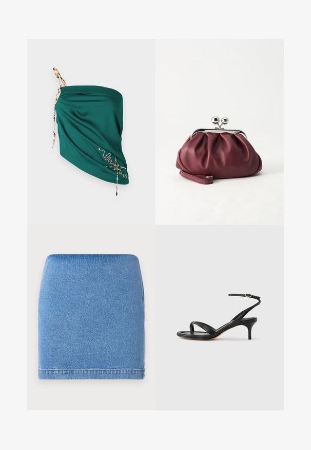 Teal draperet top med tekstureret stof, justerbare perle-stropper og broderede detaljer i kontrastfarver langs kanten.; Lysblå denim mini nederdel med en tætsiddende pasform, lige kant og subtil tekstur. Ingen synlige lukninger eller lommer.; Sort damesandal i læder med tynde remme, en tå-loop, ankelspænde og en mellemhøj stiletthæl på en neutral baggrund.; Lille bordeauxlæder clutch-pung med sølv metal lukning og håndledsrem på hvid baggrund.