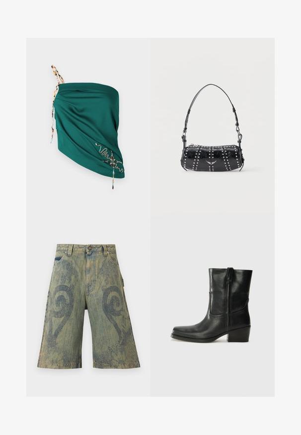 Teal draperet top med tekstureret stof, justerbare perle-stropper og broderede detaljer i kontrastfarver langs kanten.; Paolina Russo Denimshorts - sand; Sort læder ankelstøvle med rundt tå, blokhæl, lynlås i siden og stikninger på vampsiden. Glat tekstur, klassisk design.; Sort skuldertaske i laklæder med sølvnitter i lodrette rækker og et lille sølvfugleemblem midt på fronten.