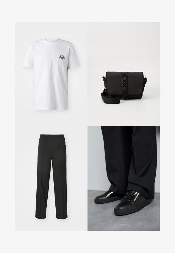 T-shirt en coton blanc avec un petit motif brodé noir sur la poitrine ; manches courtes et style col rond classique.; Pantalons noirs en tissu extensible, à coupe droite, avec poches zippées sur les côtés et texture lisse sans motifs visibles.; Baskets en cuir noir avec des accents brillants, des lacets texturés et un détail de fermeture éclair ; associées à un pantalon sombre et ample sur un sol gris.; Sac bandoulière noir en nylon avec rabat, doté d'une fermeture à bande logo proéminente, d'une bandoulière réglable et de détails de surpiqûres sur les côtés.