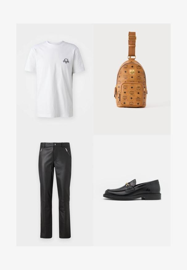 T-shirt en coton blanc avec un petit motif brodé noir sur la poitrine ; manches courtes et style col rond classique.; Pantalons en cuir noir à coupe slim, avec deux poches zippées à l'avant, une fermeture éclair et une texture lisse.; Mocassins en cuir noir avec un embout rond, présentant des accents en métal doré et des détails de couture, montés sur une semelle en caoutchouc texturé et basse.; Petit sac bandoulière en cuir beige avec bandoulière réglable, poche zippée à l'avant et motif répété du logo noir MCM.