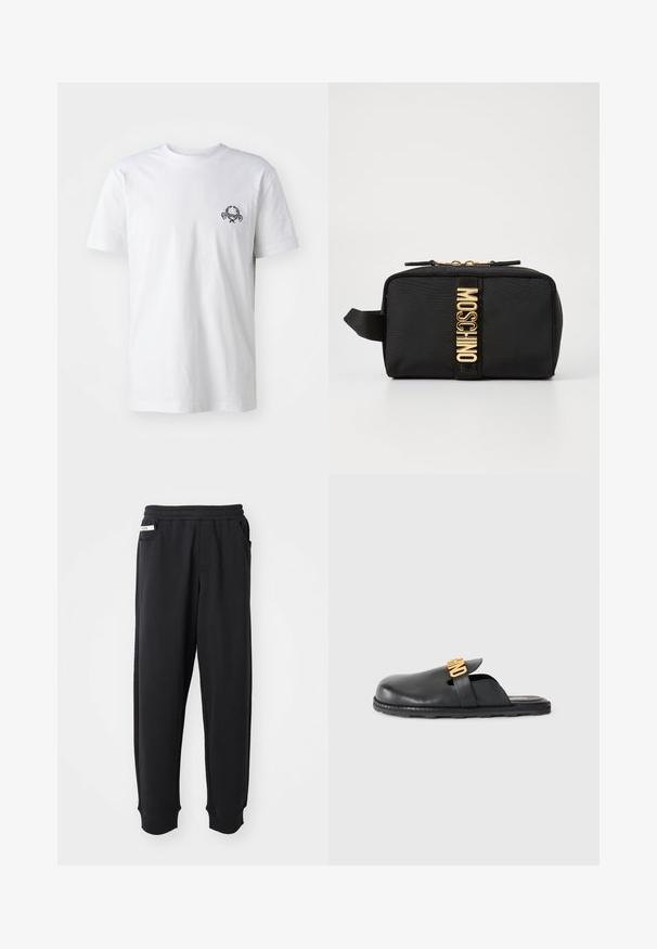 T-shirt en coton blanc avec un petit motif brodé noir sur la poitrine ; manches courtes et style col rond classique.; Pantalons de survêtement noirs en tissu doux, avec une taille élastique, des poches latérales et des poignets côtelés aux chevilles. Design minimaliste.; Mule en cuir noir à enfiler avec un détail de bande décorative en or et une semelle en caoutchouc texturée basse sur un fond uni.; Trousse cosmétique en tissu noir de forme rectangulaire, avec le logo doré "MOSCHINO", fermeture éclair et une sangle latérale pour une prise en main facile.