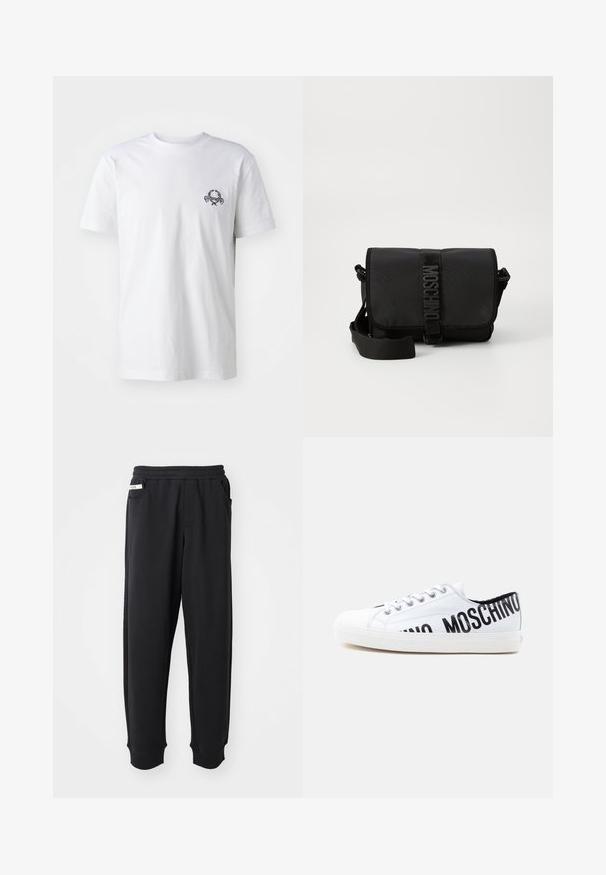 T-shirt en coton blanc avec un petit motif brodé noir sur la poitrine ; manches courtes et style col rond classique.; Pantalons de survêtement noirs en tissu doux, avec une taille élastique, des poches latérales et des poignets côtelés aux chevilles. Design minimaliste.; Baskets basses blanches avec lacets blancs et texte noir "MOSCHINO" partiellement visible sur le côté et le talon.; Sac bandoulière noir en nylon avec rabat, doté d'une fermeture à bande logo proéminente, d'une bandoulière réglable et de détails de surpiqûres sur les côtés.