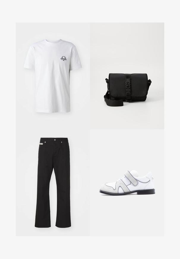 T-shirt en coton blanc avec un petit motif brodé noir sur la poitrine ; manches courtes et style col rond classique.; Pantalons en coton noir avec une coupe droite, dotés d'une fermeture à bouton à l'avant, de deux poches latérales et d'une petite étiquette de marque sur la taille.; Chaussure habillée en cuir blanc et daim gris avec semelle noire et une fermeture à boucle auto-agrippante large unique sur le côté.; Sac bandoulière noir en nylon avec rabat, doté d'une fermeture à bande logo proéminente, d'une bandoulière réglable et de détails de surpiqûres sur les côtés.