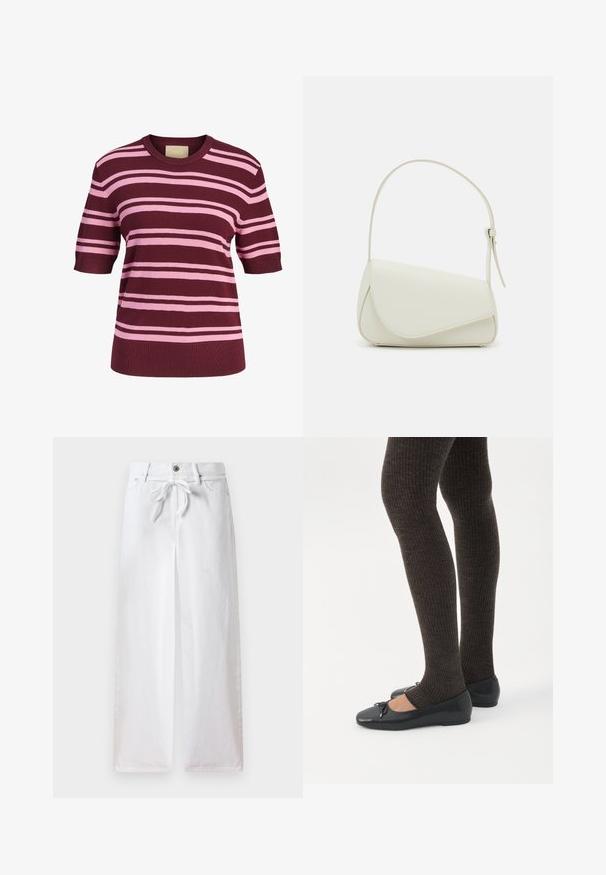 Top de punto de manga corta con rayas horizontales rosas y burdeos y cuello redondo.; Pantalones anchos de algodón de color blanco. Presentan un lazo ajustable en la cintura y un cierre con botón. Textura suave con un diseño minimalista.; Piernas con leggings oscuros acanalados combinados con bailarinas negras que presentan pequeños detalles de lazo sobre un fondo blanco.; Bolso de mano de imitación cuero blanco con una forma triangular estructurada, correa ajustable única y cierre con solapa acentuada en curva.