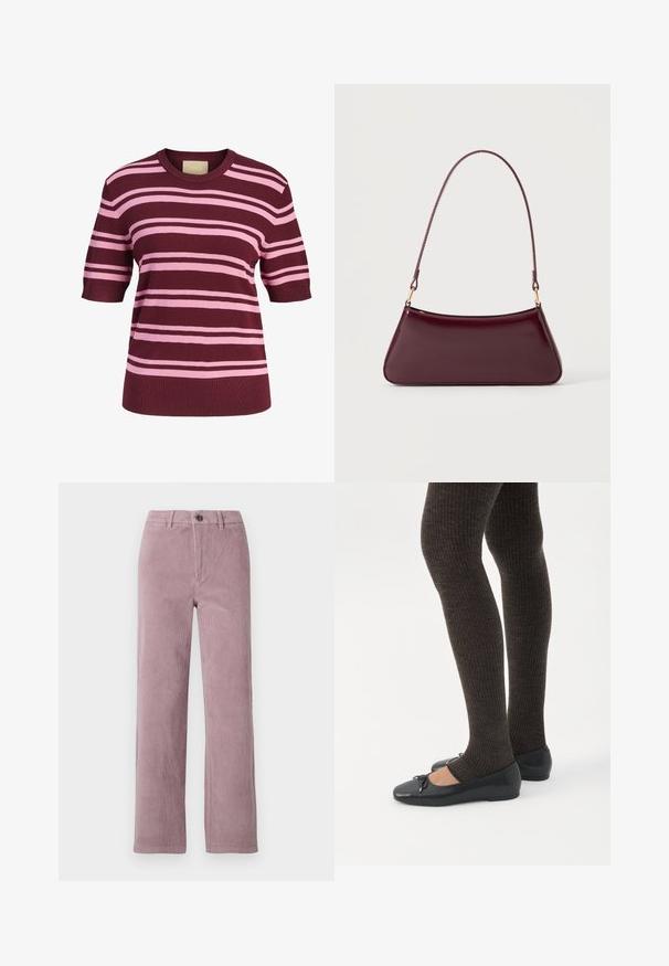 Strik top med korte ærmer med vandrette lyserøde og bordeauxstriber og rund halsudskæring.; Corduroy bukser i lys mauve med lige ben. Har en frontlukning med knap og vertikal ribbet tekstur.; Ben iført mørke ribbede leggings kombineret med sorte balletsko med små sløjfedetaljer på hvid baggrund.; Mørk burgunderglans håndtaske med et enkelt tyndt håndtag og en elegant, trapezformet form på en ensartet lys baggrund.