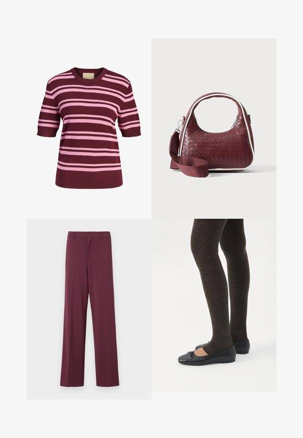 Top de punto de manga corta con rayas horizontales rosas y burdeos y cuello redondo.; Pantalones de pernera amplia en color burdeos, hechos de una tela suave. Cuentan con un cierre de botón y bolsillos clásicos. Diseño simple sin patrones ni acentos.; Piernas con leggings oscuros acanalados combinados con bailarinas negras que presentan pequeños detalles de lazo sobre un fondo blanco.; Bolso de mano de cuero tejido color granate con asa curva, ribete blanco, cremallera plateada y correa desmontable de tela ancha para el hombro sobre fondo liso.