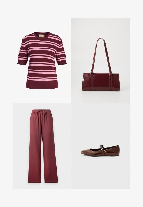 Top de punto de manga corta con rayas horizontales rosas y burdeos y cuello redondo.; Pantalones de pierna ancha y cintura alta en color burdeos con cinturilla elástica y cierre delantero con cordón ajustable.; Bailarina de charol marrón con punta cuadrada y tira que presenta una pequeña hebilla dorada. Textura suave, tacón bajo y diseño minimalista.; Bolso burdeos hecho de material brillante, de forma rectangular, con dos asas para el hombro y sutiles acentos curvados en la parte frontal.