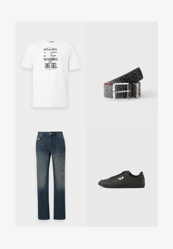 T-shirt Diesel blanc à manches courtes avec texte graphique noir et blanc et logo sur le devant, col rond et étiquette logo rouge sur la couture latérale.; Jean en denim bleu à jambe droite avec lavage délavé, fermeture avant par bouton et fermeture éclair, et design à cinq poches.; Baskets synthétiques noires avec une semelle noire texturée, un bout rond et des lacets plats noirs. Logo blanc remarquablement placé sur le côté extérieur.; Ceinture noire Diesel avec grand texte logo blanc, boucle rectangulaire en argent, et détail de boucle métallique brandée, enroulée sur un fond clair.