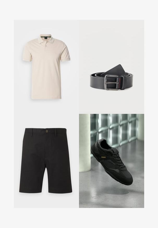 Crème-kleurig polo shirt gemaakt van katoen. Beschikt over een klassieke kraag, een drie-knopen sluiting, korte mouwen en een geborduurd logo op de borst.; Zwarte knielange shorts met knoop- en ritssluiting aan de voorkant, riemlussen en zijzakken, weergegeven op een effen lichte achtergrond.; Zwarte sportieve sneaker met "HUGO" logo in goud aan de zijkant, zwarte veters en gestructureerde panelen, zwevend boven een gepolijste betonnen vloer.; Zwarte leren riem opgerold met metalen rechthoekige gesp en kleine rode stiknaad op de lus tegen een effen witte achtergrond.
