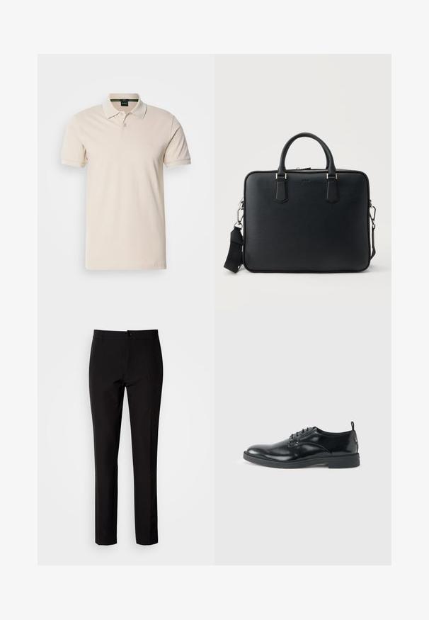 Polo shirt couleur crème en coton. Il présente un col classique, une patte de boutonnage à trois boutons, des manches courtes et un logo brodé sur la poitrine.; Pantalon noir en tissu lisse, avec coupe droite, fermeture à boutons sur le devant et poches latérales discrètes. Look simple et ajusté.; Chaussure habillée en cuir noir brillant avec un petit talon, fermeture à lacets et bout rond, vue de côté sur un fond uni et clair.; Portefeuille en cuir noir texturé avec deux poignées et une bandoulière détachable, doté d'une fermeture éclair argentée et de ferrures métalliques.