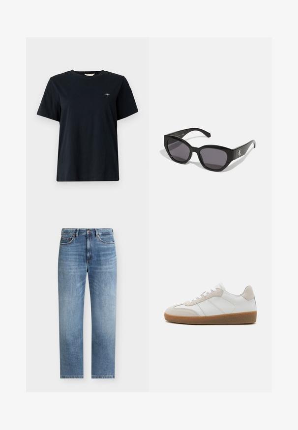 T-shirt noir en coton à manches courtes, col rond, avec un petit logo brodé sur la poitrine gauche. Coupe classique et décontractée.; Jean denim bleu clair coupe droite, cinq poches, fermeture par bouton et détails subtilement délavés sur l’avant des cuisses.; Baskets en cuir blanc avec des accents en suède beige, languette texturée et semelle en caoutchouc. Elles sont dotées de lacets blancs et de détails couture subtils.; Lunettes de soleil noires au design lisse et angulaire, avec des verres foncés et un logo en argent contrastant sur le côté. Texture en plastique lisse.