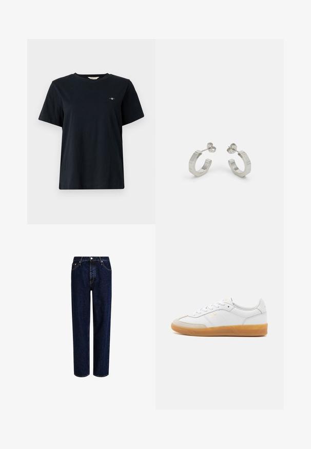 T-shirt noir en coton à manches courtes, col rond, avec un petit logo brodé sur la poitrine gauche. Coupe classique et décontractée.; Jeans en denim bleu foncé avec une coupe droite, dotés d'une taille haute, d'un style à cinq poches et de coutures contrastantes. Sans embellissements.; Baskets en cuir blanc avec des accents en suédine beige, semelle en caoutchouc gomme et design à lacets. Présente un logo discret en doré.; Boucles d'oreilles en métal argenté avec un design texturé, dotées d'un petit fermoir et d'une marque sur une des hoops. Forme arrondie avec une finition polie.