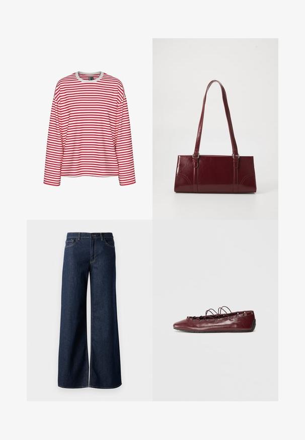 Rød- og hvidstribet langærmet skjorte med rund halsudskæring og afslappet pasform. Blødt stof med ensartet stribemønster.; Bredde ben jeans i mørkeblå denim. Har kontrastsyninger, fem lommer og en knaplukning i taljen. Glat tekstur.; Burgundy læder balletflade med spids tå, snøredetaljer foran, og sølvøjer. Blød sål for fleksibilitet og komfort.; Bordeaux håndtaske lavet af glansfuldt materiale, rektangulær form, med to skulderremme og subtile buede detaljer på forsiden.
