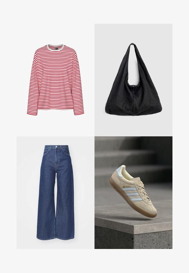 Rød- og hvidstribet langærmet skjorte med rund halsudskæring og afslappet pasform. Blødt stof med ensartet stribemønster.; Bredde ben jeans lavet af mørkeblå denim. Høj talje med lynlås og knaplukning. Har klassisk fem-lomme stil og omfoldede kanter.; Beige ruskindssneaker med lyseblå striber, med en gum-sål, gyldent "Gazelle"-logo og klassisk snøredesign på en grå overflade.; Sort denim skuldertaske med blød, afslappet form, bred enkelt strop og synlig lodret søm ned gennem midten.