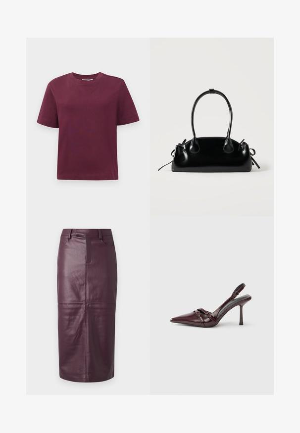 T-shirt à manches courtes et col rond, uni rouge foncé, présenté sur un fond blanc.; Jupe crayon en cuir bordeaux avec une texture lisse, poches avant, coutures créant des panneaux et une coupe mi-longue.; Escarpin slingback en cuir verni bordeaux avec bout pointu, fine bride à la cheville et petit détail décoratif de boucle. Texture lisse et talon haut.; Petit sac à main noir brillant avec deux longues anses et des détails à cordon sur les côtés sur un fond clair uni.