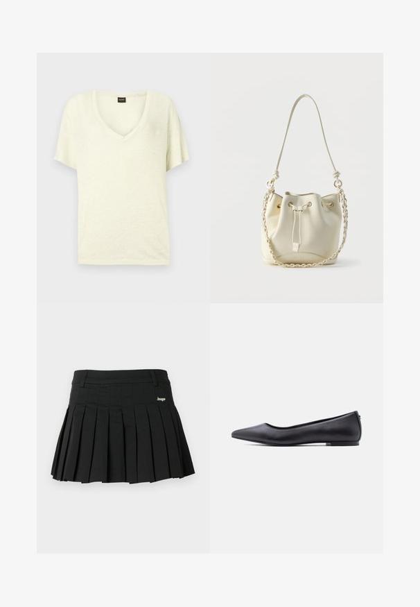 T-shirt crème à manches courtes avec col en V et petite étiquette noire avec texte rouge au niveau du col.; Jupe plissée noire en tissu léger, dotée d'une ceinture plate et d'un petit logo métallique sur le côté gauche avant.; Chaussure plate en cuir noire à bout pointu avec petit talon, vue de profil sur fond blanc.; Sac seau en cuir crème avec fermeture à cordon, chaîne tressée et bandoulière en cuir, ainsi que des œillets dorés.