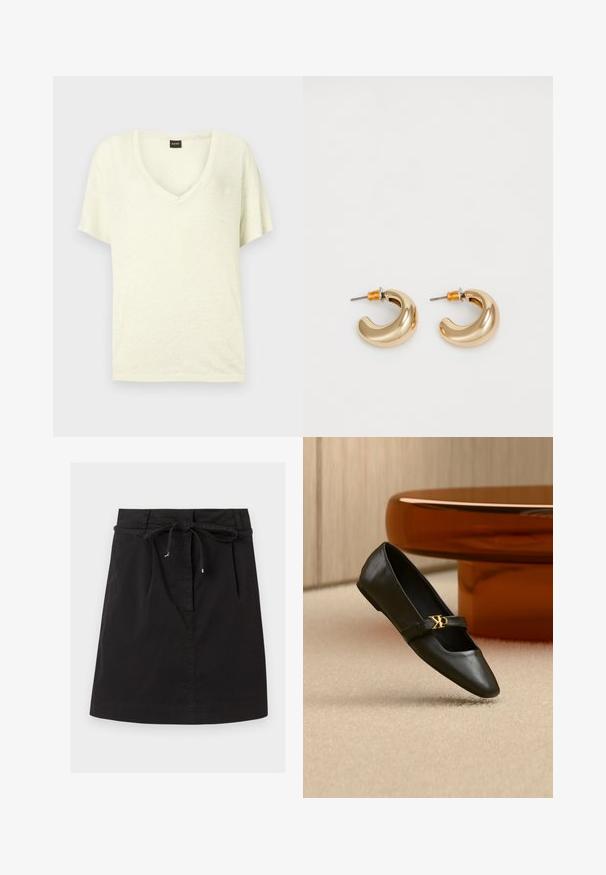 T-shirt crème à manches courtes avec col en V et petite étiquette noire avec texte rouge au niveau du col.; Jupe noire longueur genou avec une taille nouée et de subtils plis sur le devant, confectionnée dans un tissu lisse.; Chaussure plate en cuir noir avec bout pointu et logo CK doré sur la bride, posée sur un tapis beige près d'une table ronde couleur ambre brun.; Deux boucles d'oreilles en forme de cerceau en or brillant, avec un design courbé, présentant des accents orange près de la tige, sur fond blanc uni.