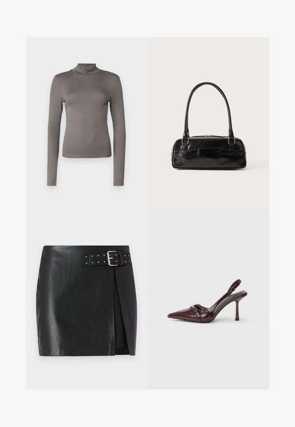 Grijze geribbelde lange mouwen turtleneck top met een aangesloten ontwerp en zachte textuur. Heeft een hoge halslijn en een slanke Silhouette.; Zwarte faux leren mini-jurk met een verstelbare riem met zilveren gesp en studdetails, voorkant met wikkelontwerp en een gladde textuur.; Bordeauxrode lakleren slingback met puntige neus, dunne enkelband en kleine decoratieve gespsluiting. Gladde textuur en hoge hak.; Zwarte leren handtas met een rechthoekige vorm, voorzien van een enkele gestructureerde handgreep, zilveren hardware en ritsluiting. Gladde textuur.