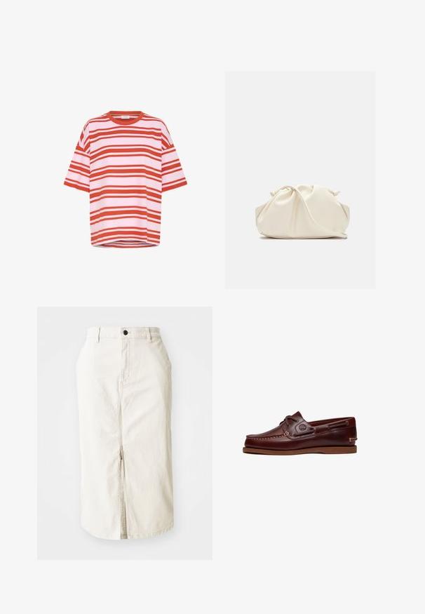 Rot-weißer gestreifter Kurzarm-T-Shirt aus weichem Stoff, mit lässiger Passform und Rundhalsausschnitt, der horizontalen Linien zeigt.; Beige Baumwoll-Midi-Rock mit Schlitz vorne, oberer Knopfverschluss und ohne sichtbare Taschen. Flacher Bund und glatte Textur.; Brauner Leder-Bootsschuh mit Schnürsenkeln, Nahtdetails und Timberland-Logo an der Seite, auf weißem Hintergrund gezeigt.; Weiche, cremefarbene Leder-Clutch mit gerafftem Design und einem dünnen Schulterriemen, der vorne auf einem schlichten Hintergrund liegt.