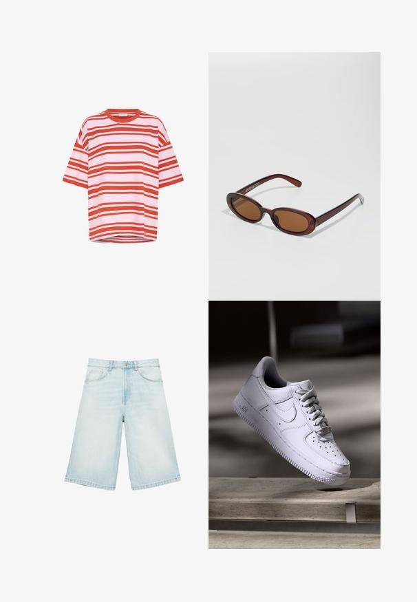 Rød- og hvidstribet t-shirt med korte ærmer, lavet af blødt stof med en løs pasform og rund halsudskæring, der har vandrette striber.; Lyseblå denim Bermuda-shorts med forlommer, bæltestropper og knaplukning, lagt fladt på en hvid baggrund.; Hvid Nike Air Force 1 sneaker svævende over en betonoverflade med skygger i et minimalistisk miljø.; Runde, bruntonede solbriller med en glansfuld bordeauxramme. Slanke arme med diskret brandingdetalje. Flad linsedesign.