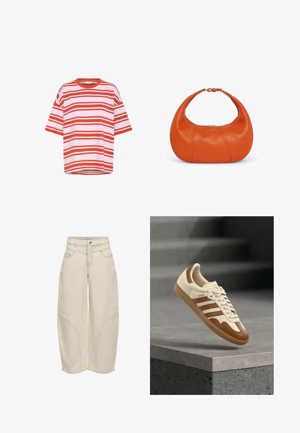 Camiseta de manga corta a rayas rojas y blancas, hecha de una tela suave con un corte relajado y escote redondo, que presenta líneas horizontales.; Pantalones de pierna ancha color crema con bolsillos delanteros y traseros, presillas para cinturón y detalles de costuras curvas en las piernas.; Zapatilla clásica con parte superior de cuero crema, detalles en marrón, tres franjas y suela de goma texturizada. Presenta una puntera redondeada y cierre de cordones.; Bolso de mano de cuero naranja con forma redondeada, textura suave y una sola asa curva. Cuenta con cierre de broche y detalles de costuras visibles.
