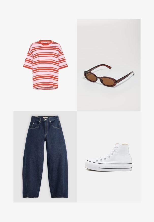 Rood en wit gestreept T-shirt met korte mouwen, gemaakt van zachte stof met een relaxte pasvorm en ronde hals, met horizontale lijnen.; Donkerblauwe denim jeans met een losse fit, lichte stiksels, vijf zakken en een knoopsluiting op de taille.; Witte hoge sneakers van canvasmateriaal, zwarte rubberen zool en contrasterende zwarte streep op de tussenzool. Circulaire neus en vetersluiting.; Ronde, bruin getinte zonnebril met een glanzend bordeauxrood frame. Slanke pootjes met subtiele merkdetails. Vlakke lensontwerp.