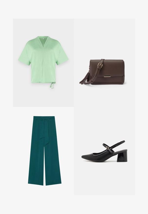 Haut à manches courtes et décolleté en V en tissu vert clair. Doté d'un cordon de serrage à l'ourlet pour un ajustement réglable. Texture douce avec un design minimal.; Pantalons à jambes larges dans une teinte bleu sarcelle profonde avec une finition texturée, dotés d'une taille nouée pour un ajustement réglable et d'une silhouette fluide.; Escarpins slingback en cuir verni noir avec un embout pointu, un design à découpes arrondies et un talon carré. Présente un accent de boucle en ton doré.; Sac bandoulière en simili cuir marron avec un rabat, quincaillerie dorée et détail de frange sur le côté. Bandoulière ajustable pour un port polyvalent.