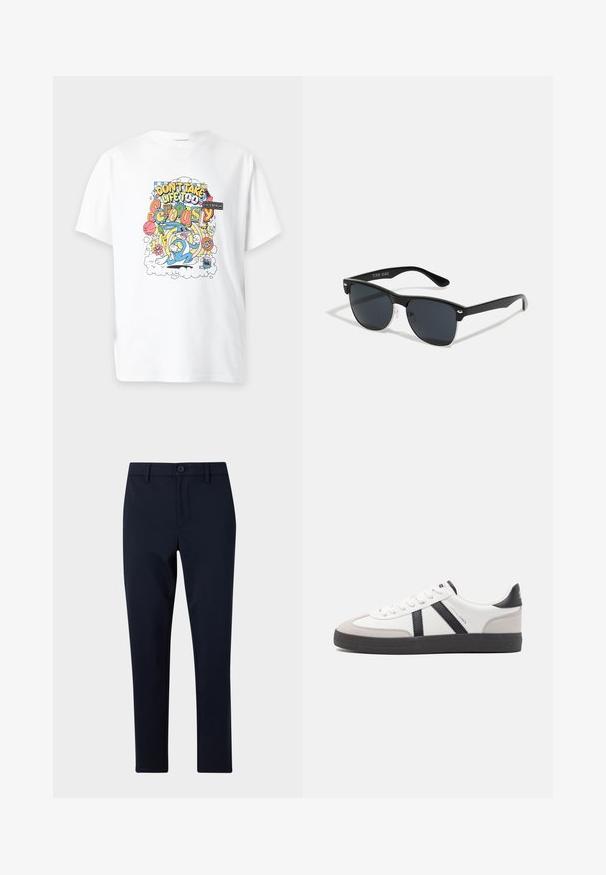 T-shirt blanc avec un design cartoon coloré montrant Bugs Bunny et le texte « Don’t take life too seriously » entouré d’objets ludiques.; Pantalon droit bleu marine avec fermeture à bouton et à zip, passants de ceinture et sans poches visibles, présenté sur un fond clair et uni.; Baskets blanches avec des accents noirs et gris, présentant un embout texturé gris, une semelle en caoutchouc noir et des lacets plats blancs. Design épuré, style minimaliste.; Lunettes de soleil noires de forme rectangulaire, verres foncés, accents argentés aux tempes et finition mate sur la monture.